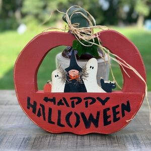 Halloween Sign Wooden Pumpkin Wall or Door Decoration Rustic Handmade Real Wood